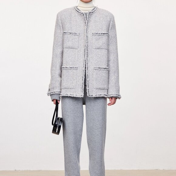 CHICJOC Handwoven Tweed Coat – Moonlight Grey with Night-Sky Sequin Fringe, Size - Picture 5 of 16